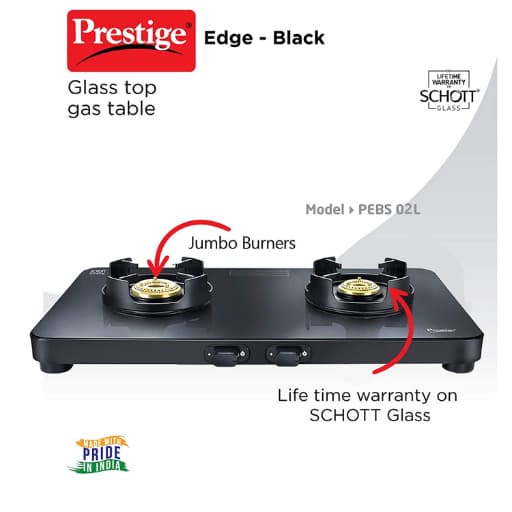Prestige Edge Glass Manual Gas Stove 2 Burner