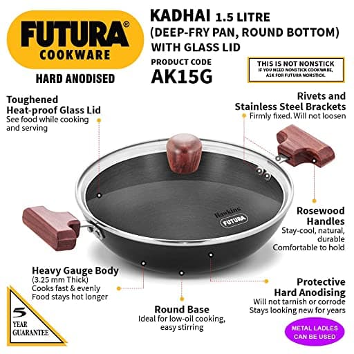 Hawkins Deep-Fry Pan (Round Bottom) 1.5 Ltr With Glass Lid