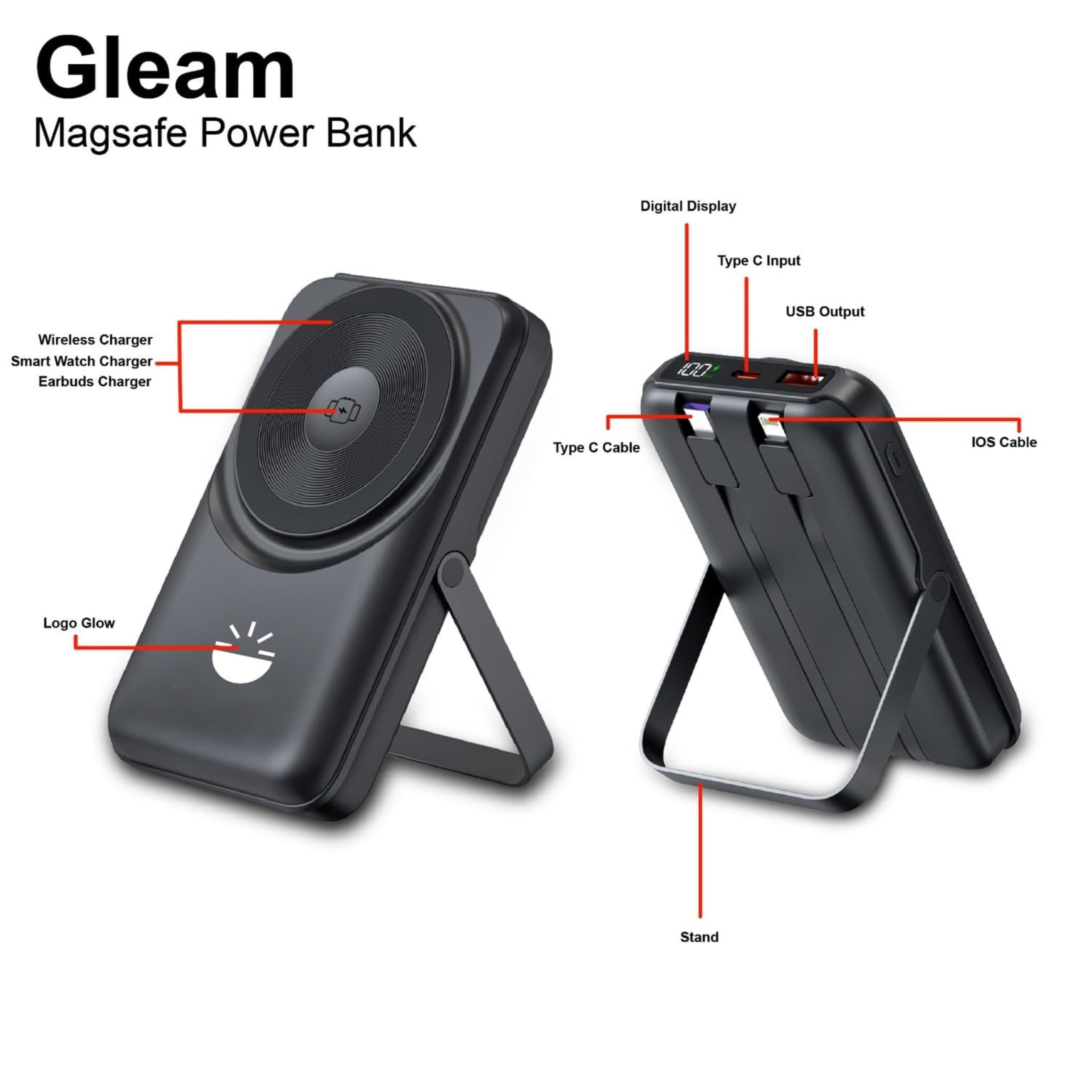 Glow Gadgets Gleam 10000mAh Magsafe Power Bank - Extra Large Capacity, Fast Charging, Durable ABS Material � Portable Charging Solution for Phones, Tablets