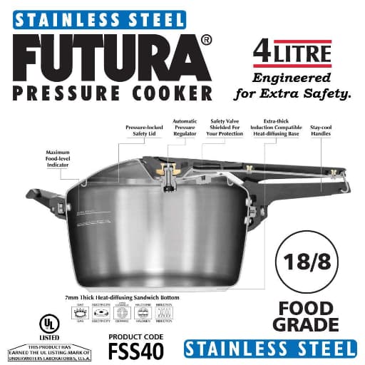Hawkins Futura Stainless Steel 4L Induction Pressure Cooker