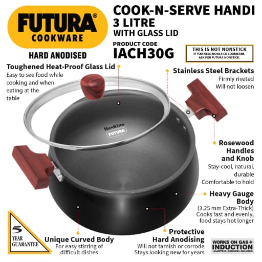 Hawkins Futura 3 Litre Cook n Serve Induction Handi With Glass Lid