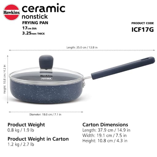 Hawkins Ceramic Nonstick 17cm Induction Fry Pan With Glass Lid