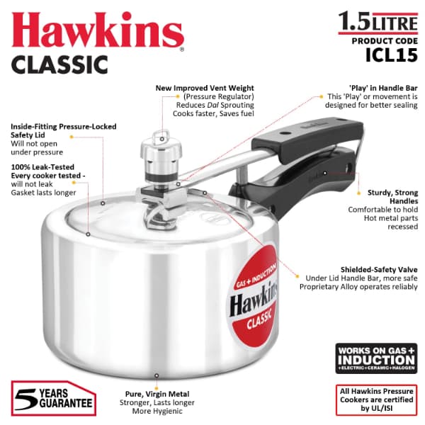 Hawkins 1.5 Litre Classic Induction Base Pressure Cooker