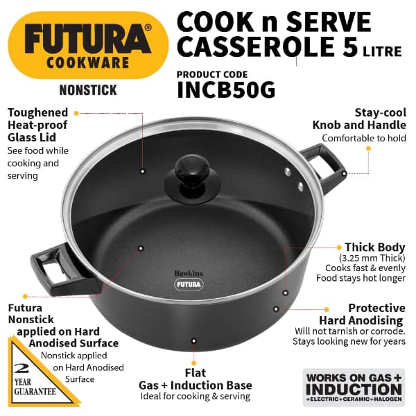 Hawkins Futura 5 Litre Non Stick Saucepan with Glass Lid