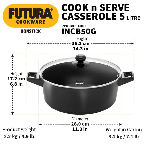 Hawkins Futura 5 Litre Non Stick Saucepan with Glass Lid