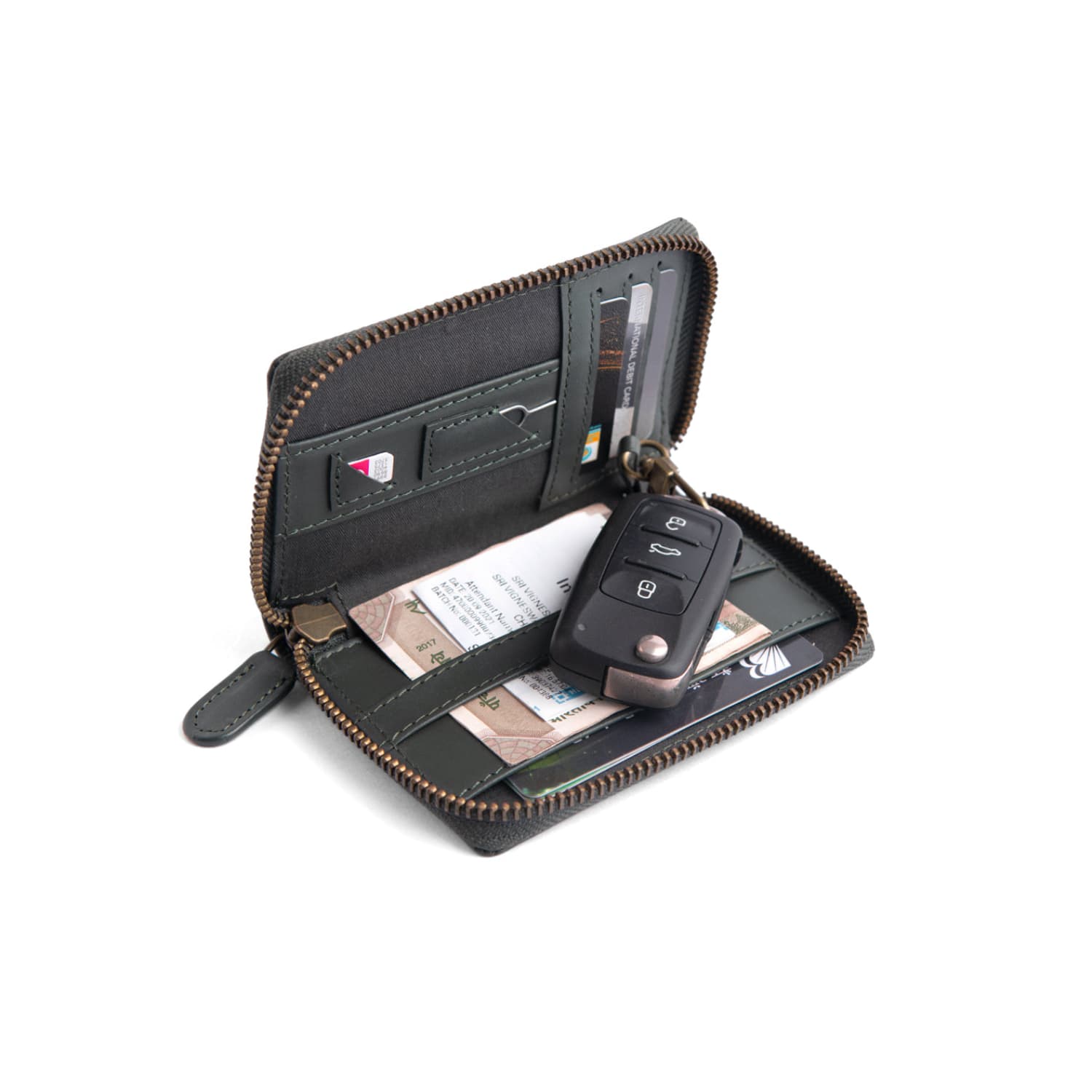 Leather Chef Compact Zipper Wallet ARMY GREEN