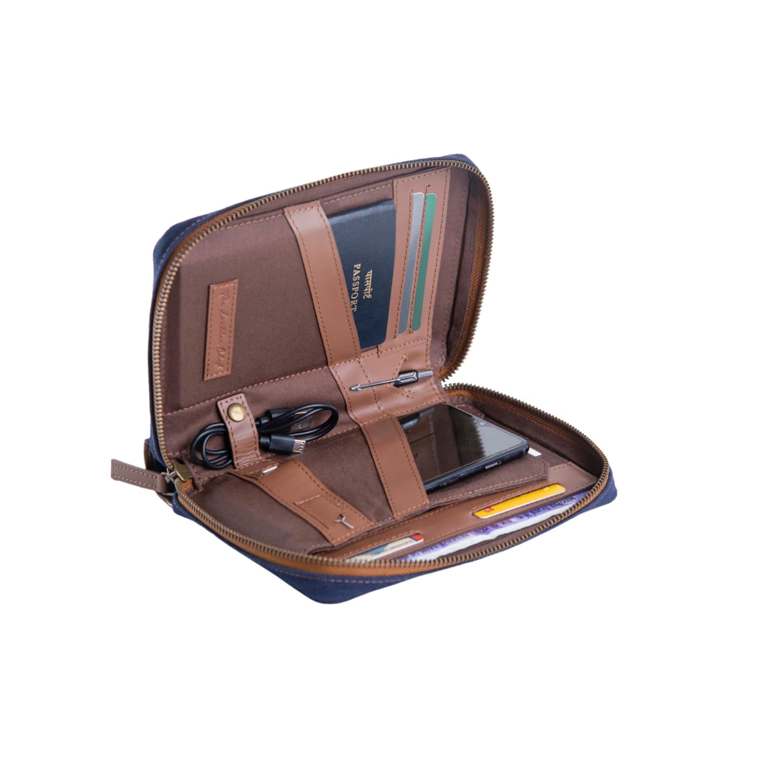 Leather Chef Nomad Passport Organiser Blue Canvas + Tan Leather