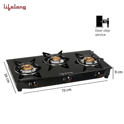 Lifelong Glass Top Gas Stove, 3 Burner Gas Stove