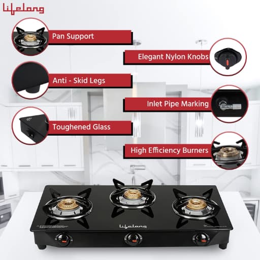 Lifelong Glass Top Gas Stove, 3 Burner Gas Stove