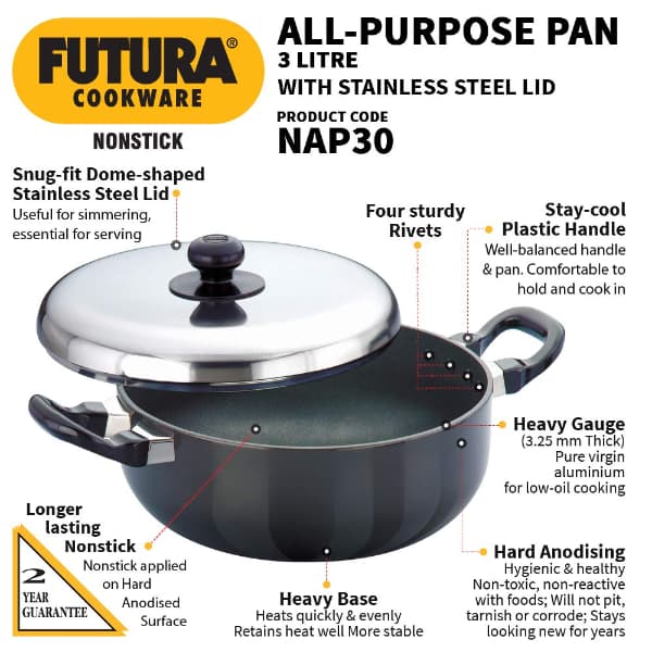 Hawkins Nonstick Pan 3L with Stainless Steel Lid