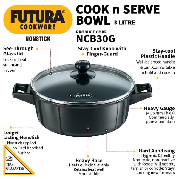 Hawkins Futura 3L Nonstick Bowl With Glass Lid