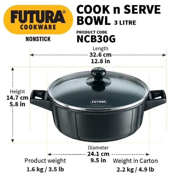 Hawkins Futura 3L Nonstick Bowl With Glass Lid