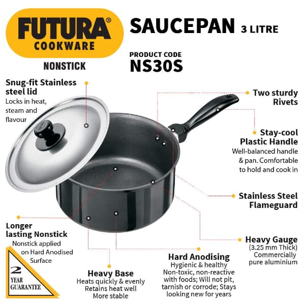 Hawkins Futura 3L Nonstick Saucepan Stainless Steel Lid