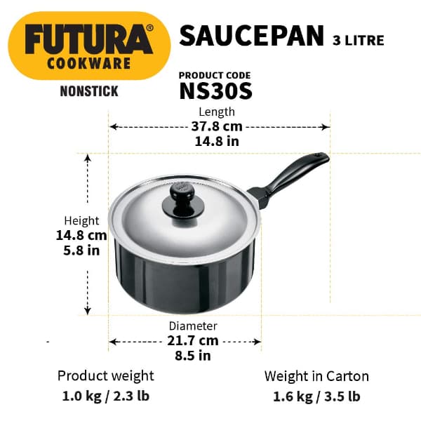 Hawkins Futura 3L Nonstick Saucepan Stainless Steel Lid