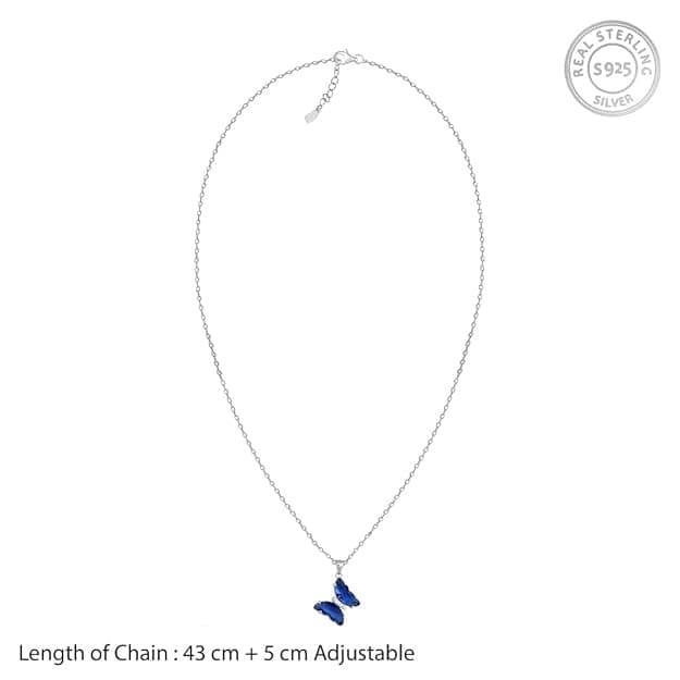 Silver Midnight Blue Butterfly Pendant With Link Chain