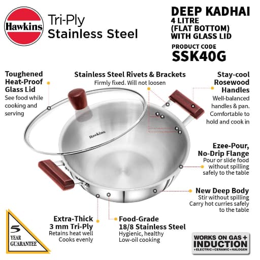 Hawkins Tri-Ply Stainless Steel 4L Induction Deep-Fry Pan With Glass Lid