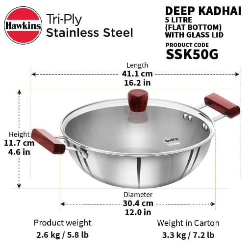 Hawkins Tri-Ply Stainless Steel 5L Induction Deep-Fry Pan With Glass Lid