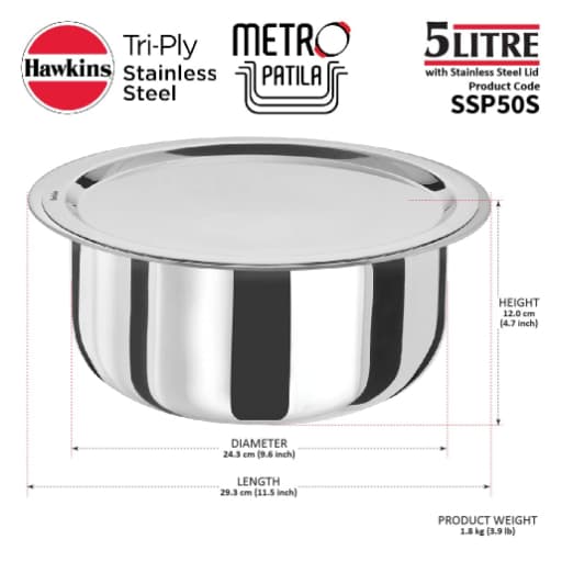 Hawkins 5L Stainless Steel Tope Metro Patila With SS Lid