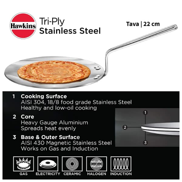 Hawkins Tri-Ply SS 22cm Induction Tava