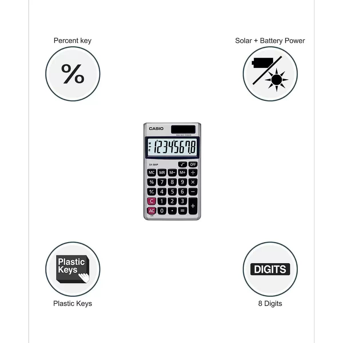 Casio SX-300P-W Portable Calculator with Metallic faceplate