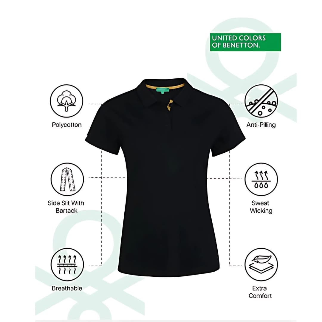 United Colors of Benetton Women's Black Polycotton Polo T-Shirt