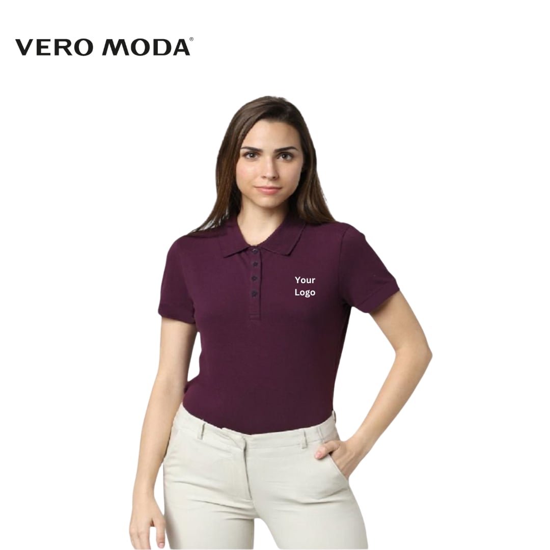 Vero Moda JACQUARD Women Solid Polo T Shirt (Wine)