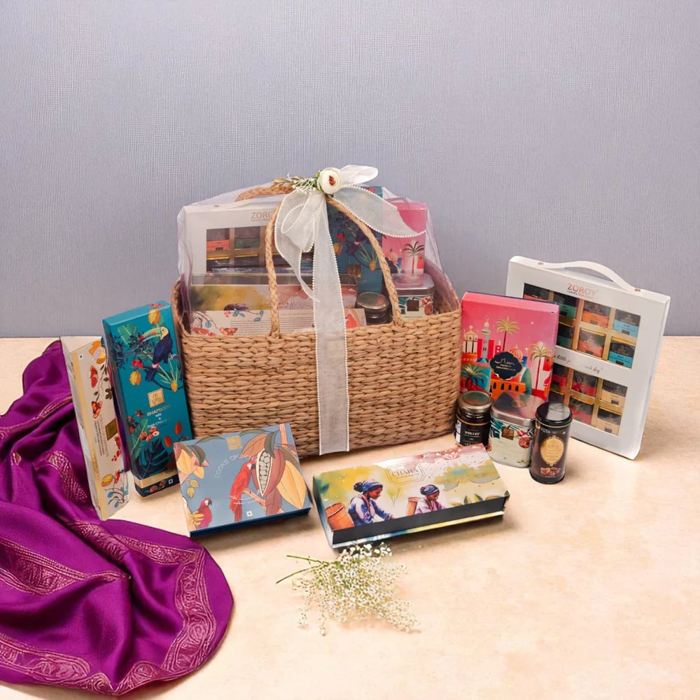 Zoroy Weed Basketry Large Boat Hamper � Gourmet Chocolates, Cookies, Honey, Ceramic And Cork Mug