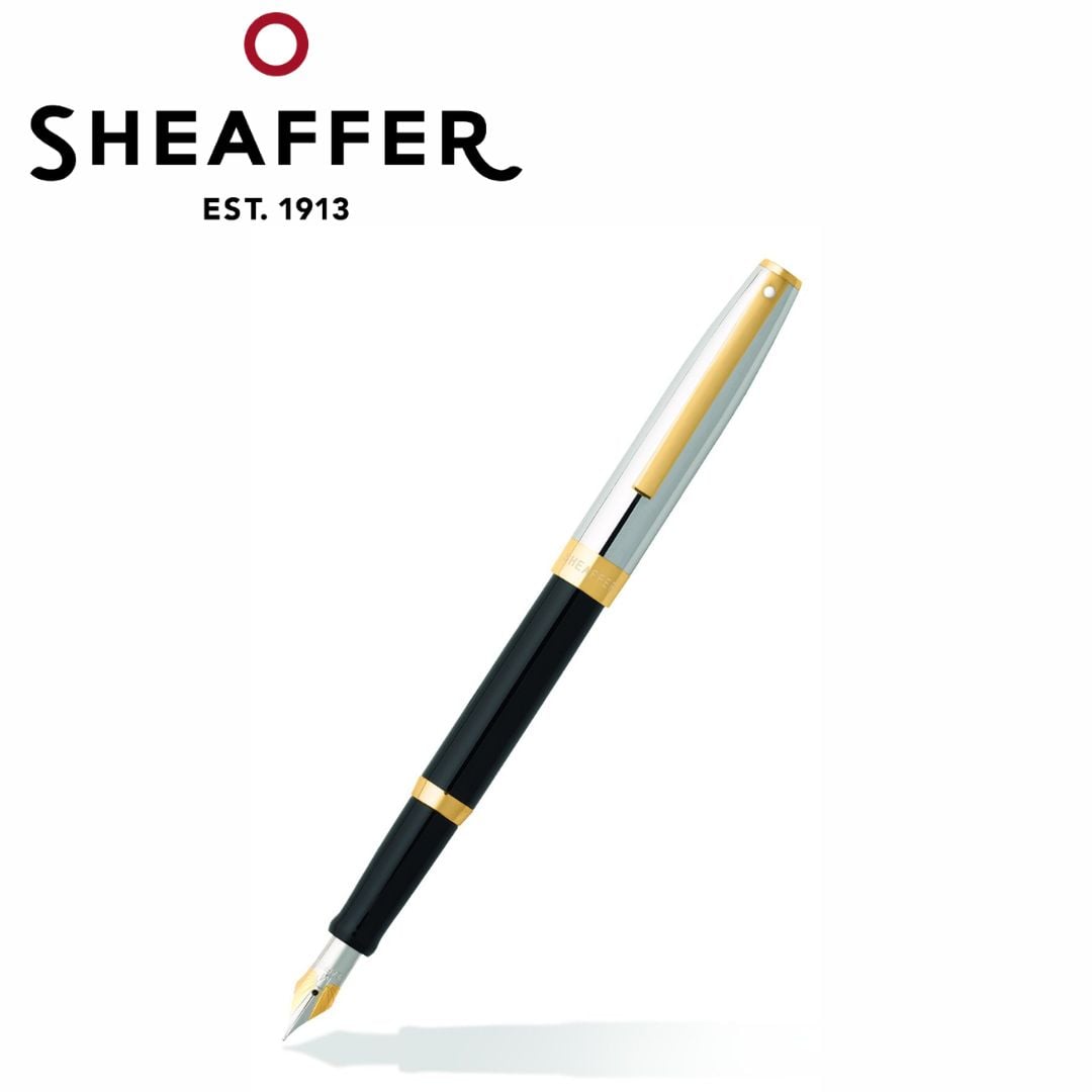 PEN SHEAFFER SAGARIS E9475  BLACK BARREL AND CHROME CAP WITH GOLD TONE  TRIM FP F