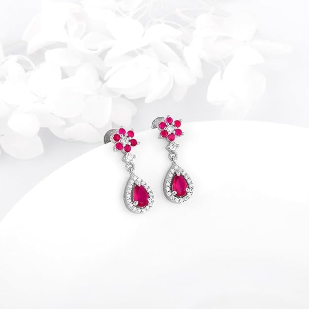 Silver Pink Flower Mini Drop Earrings