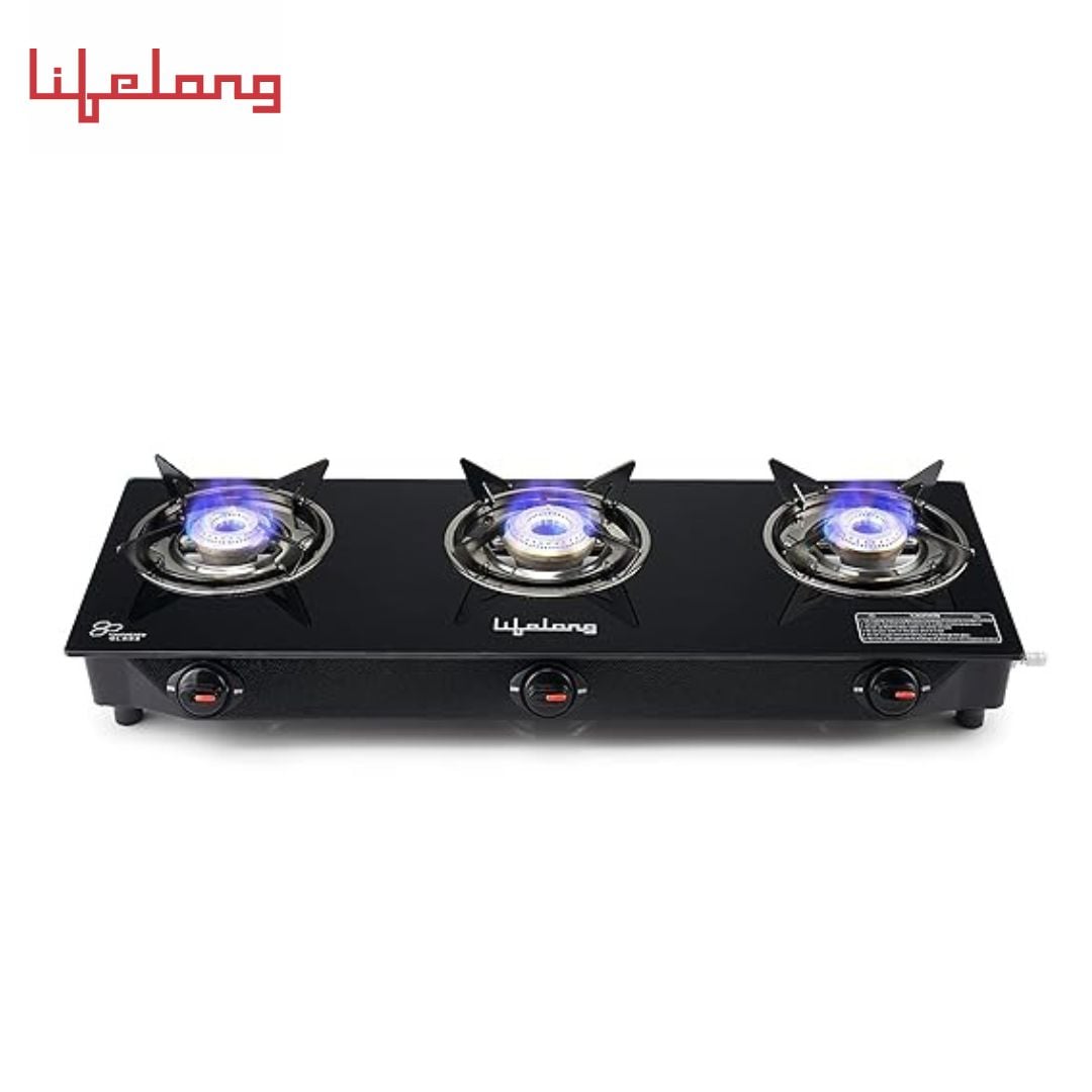 Lifelong LLGS931 3 Burner Glass Top Gas Stove (Brass Burners, Manual Ignition)