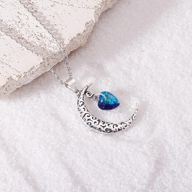 Oxidised Silver Moon Heart Pendant with Link Chain