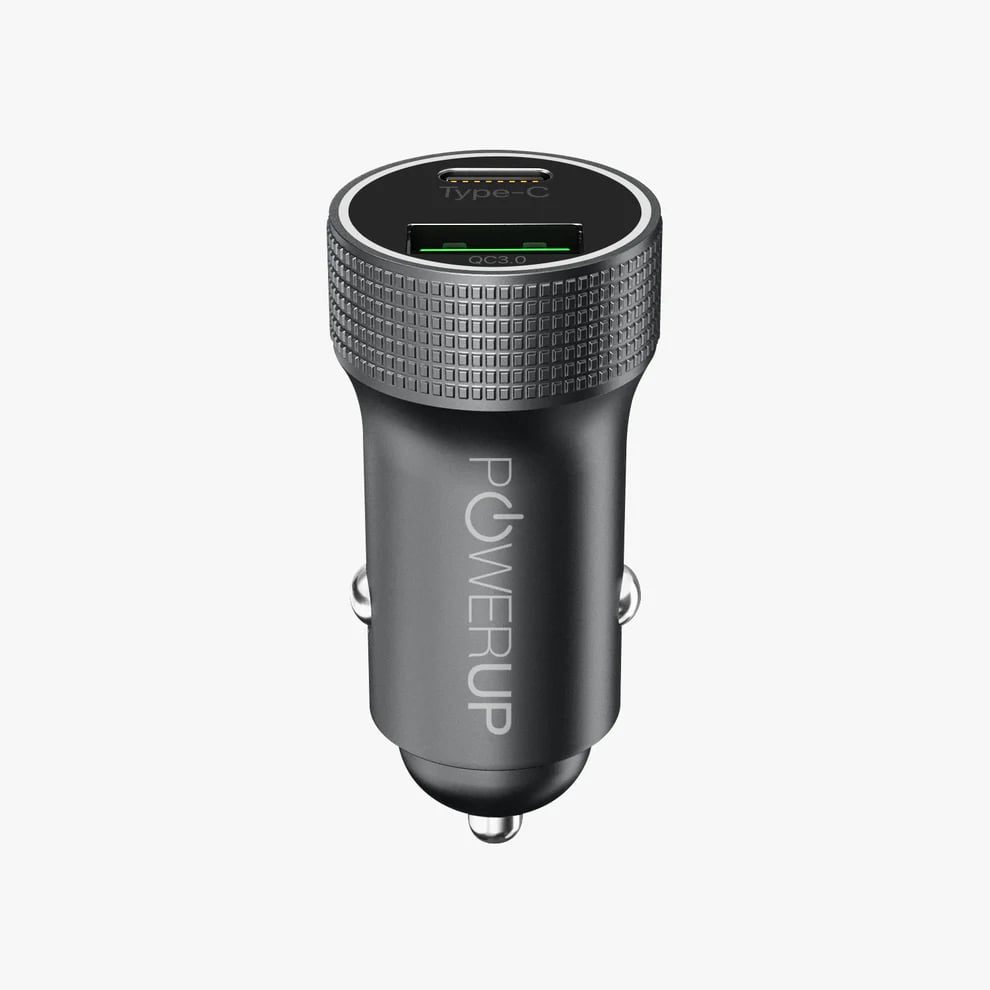 Powerup Metal Type-C 38W PD & USB 3.0 Quick Car Charger - Black