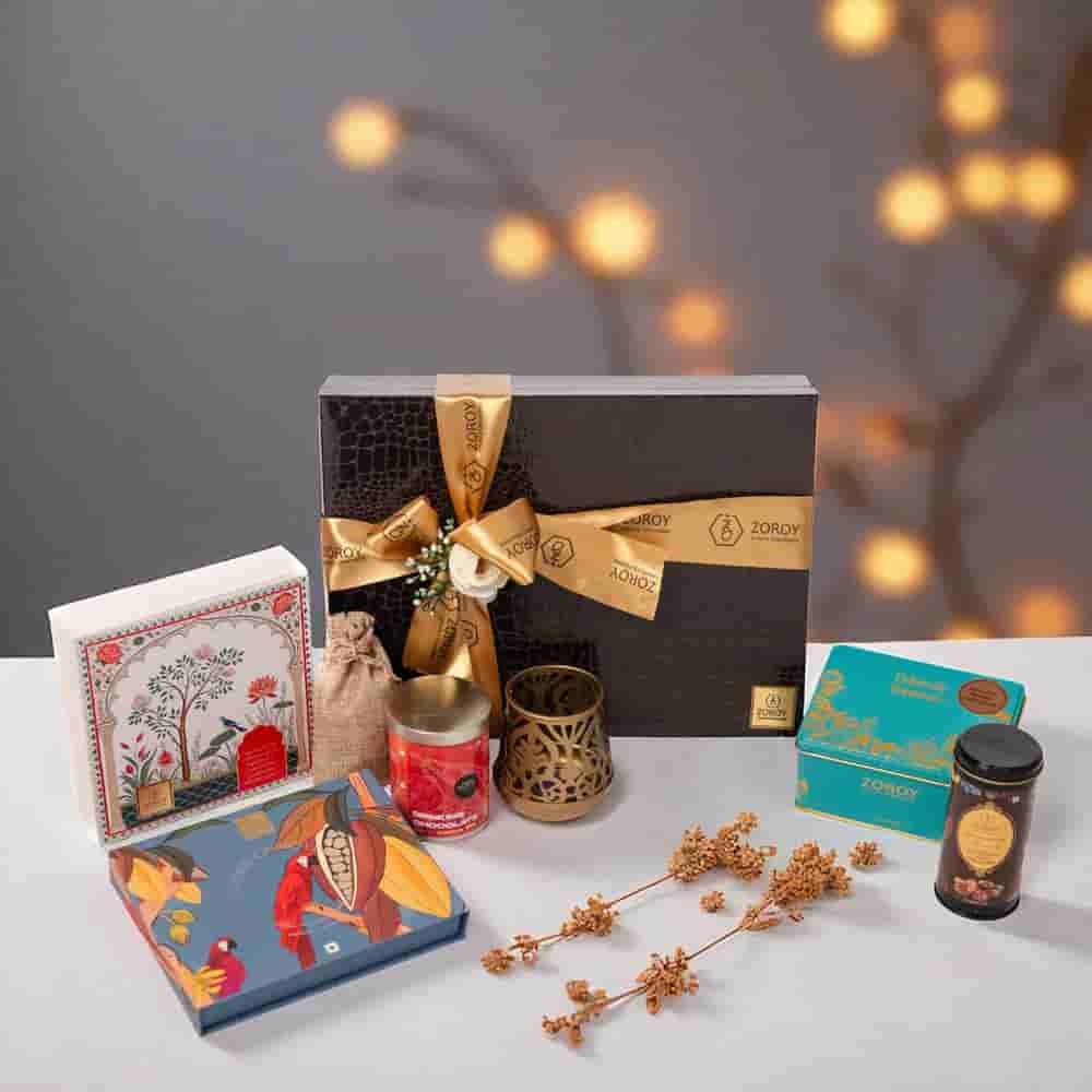 Zoroy Luxury Chocolate Festive Sandook Gift Hamper| Belgian Style Chocolate | Dry Fruits | Metal T-Lite Holder