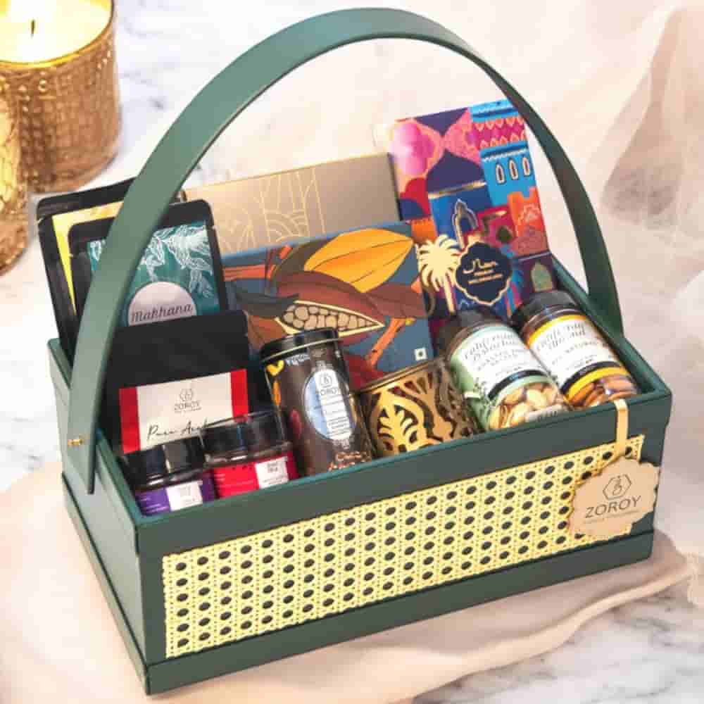 Zoroy Green Luxe Rattan Hamper, Chocolates, Dry Fruits, Turkish Baklawa, Metal Festive Votive, Arabica Coffee, Snack