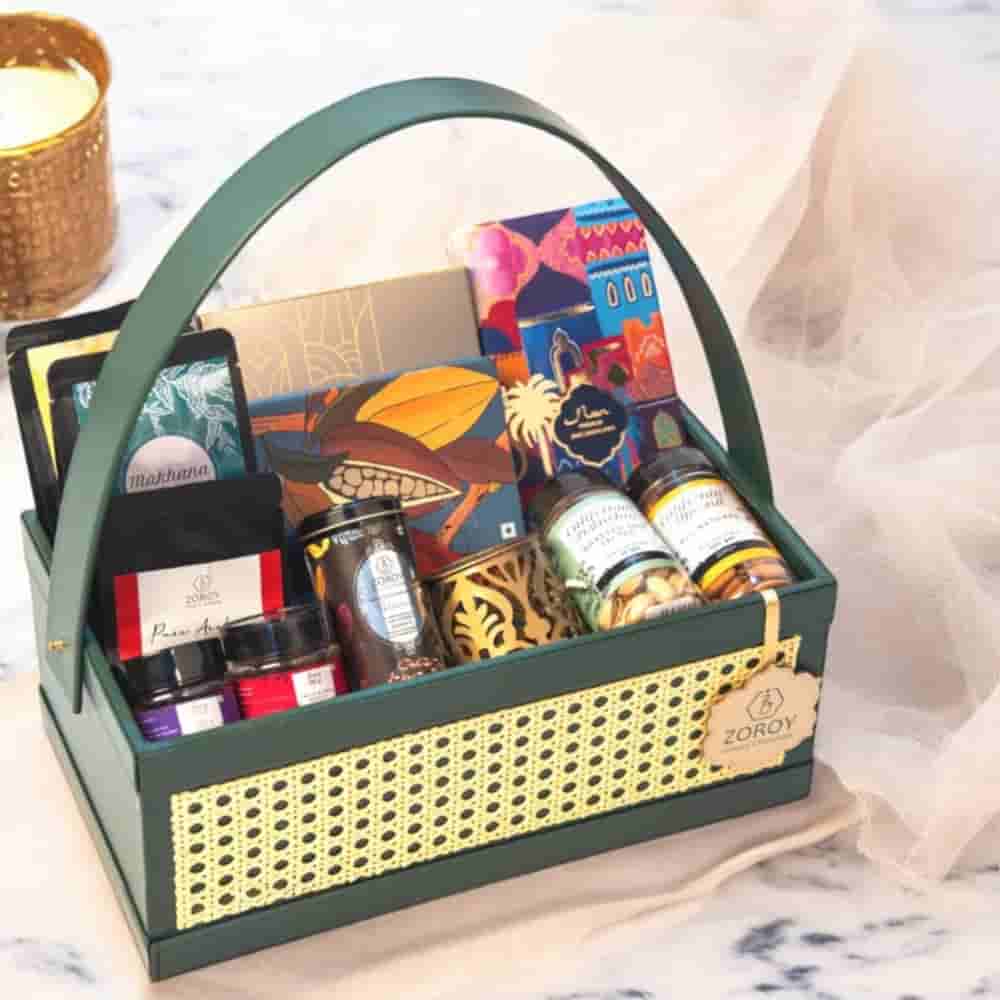 Zoroy Green Luxe Rattan Hamper, Chocolates, Dry Fruits, Turkish Baklawa, Metal Festive Votive, Arabica Coffee, Snack