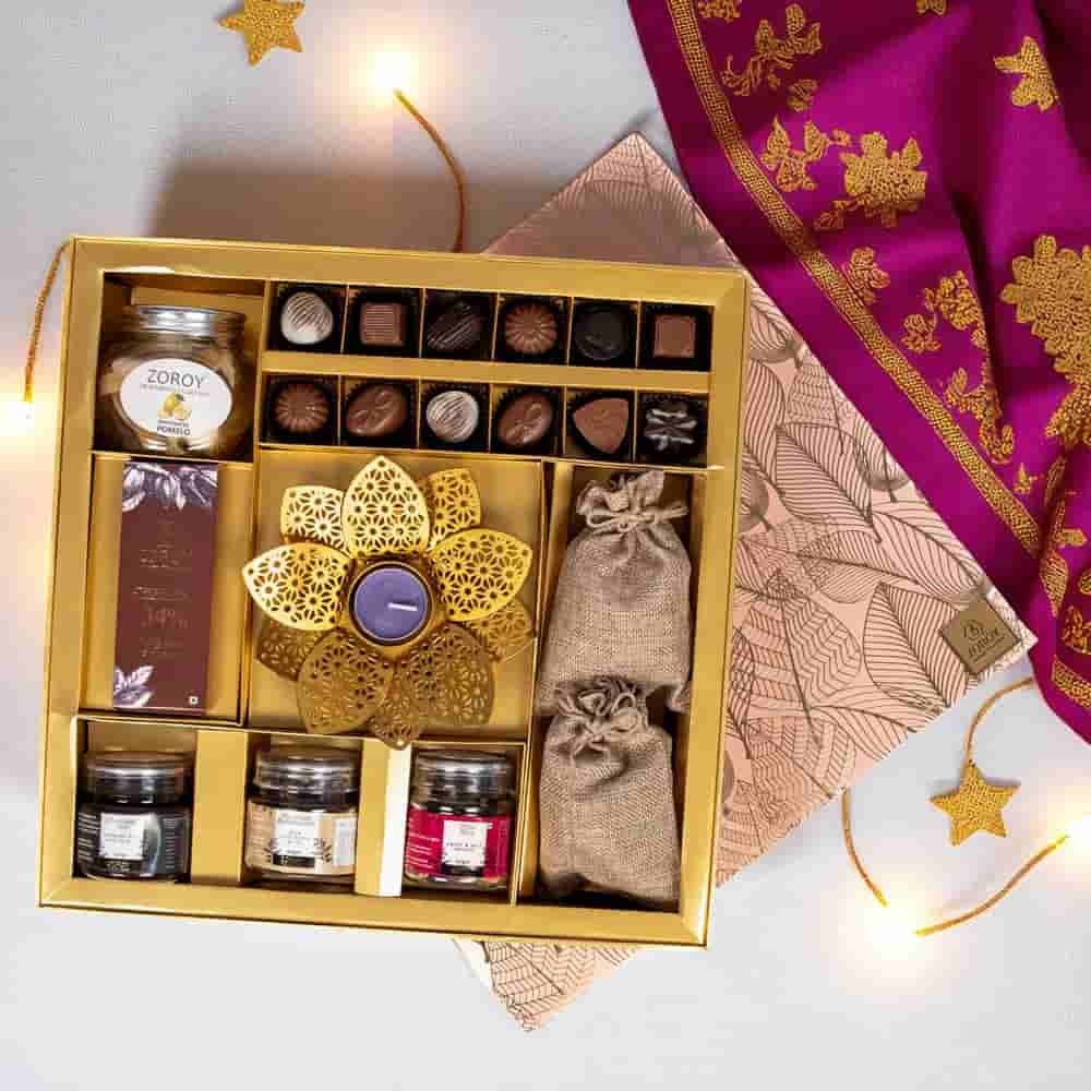 Zoroy The Elegance Hamper Box Of Chocolates, Dried Fruits, Assorted Goody Jars And T Light Candle Holder