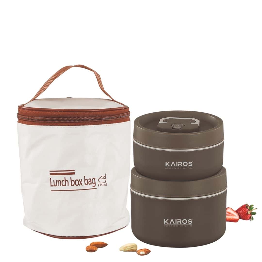 Kairos Triple Guard Lunch Box-2 Round Tiffin Boxes With Lid 1 Insulated Bag