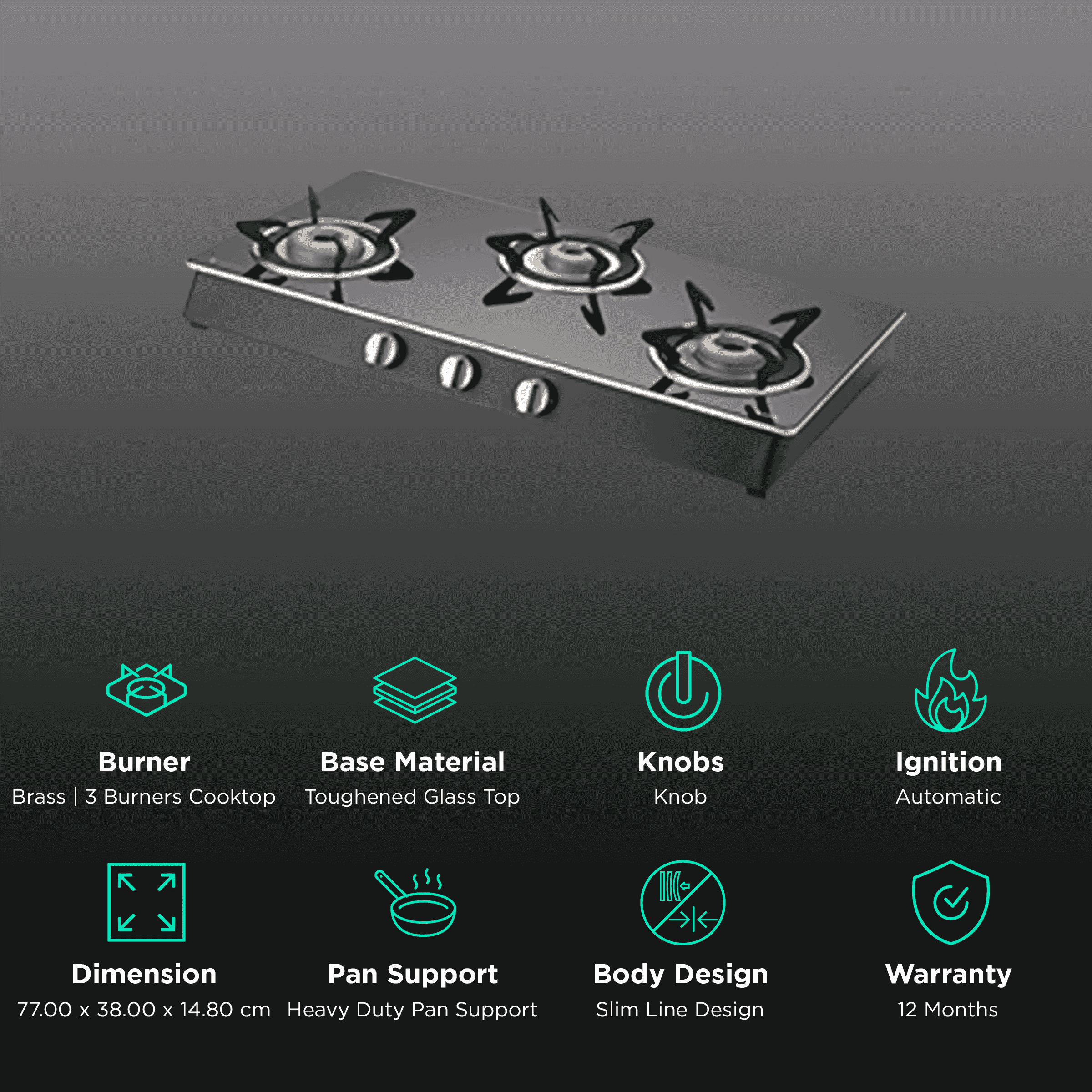 Kaff CTAI773B Cook Top 3 Brass Burners Auto Ignition Gas Stove