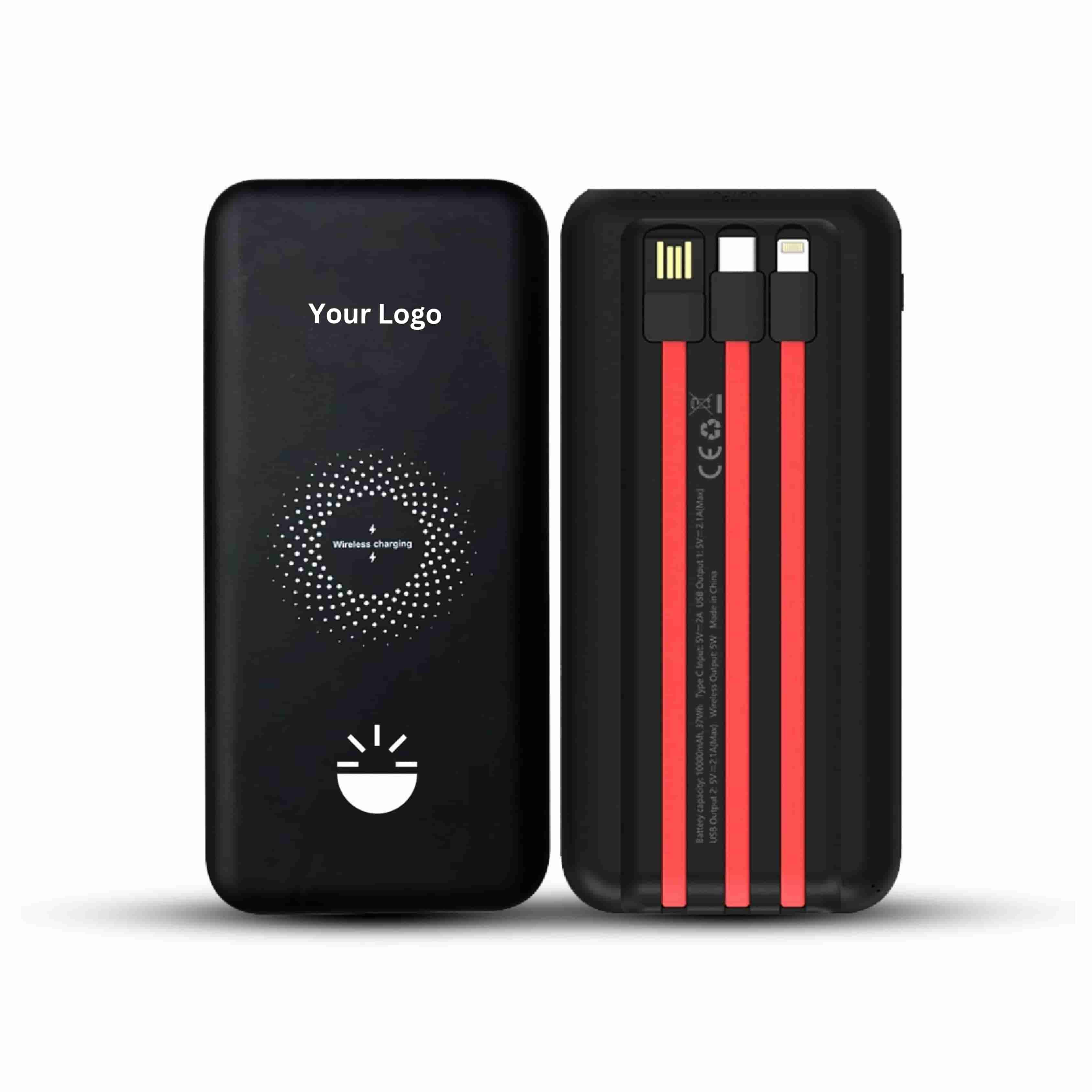 Glow Gadgets Beam10000mAh Wireless Power Bank with Inbuilt Cables � Durable ABS, 5W Wireless Charging