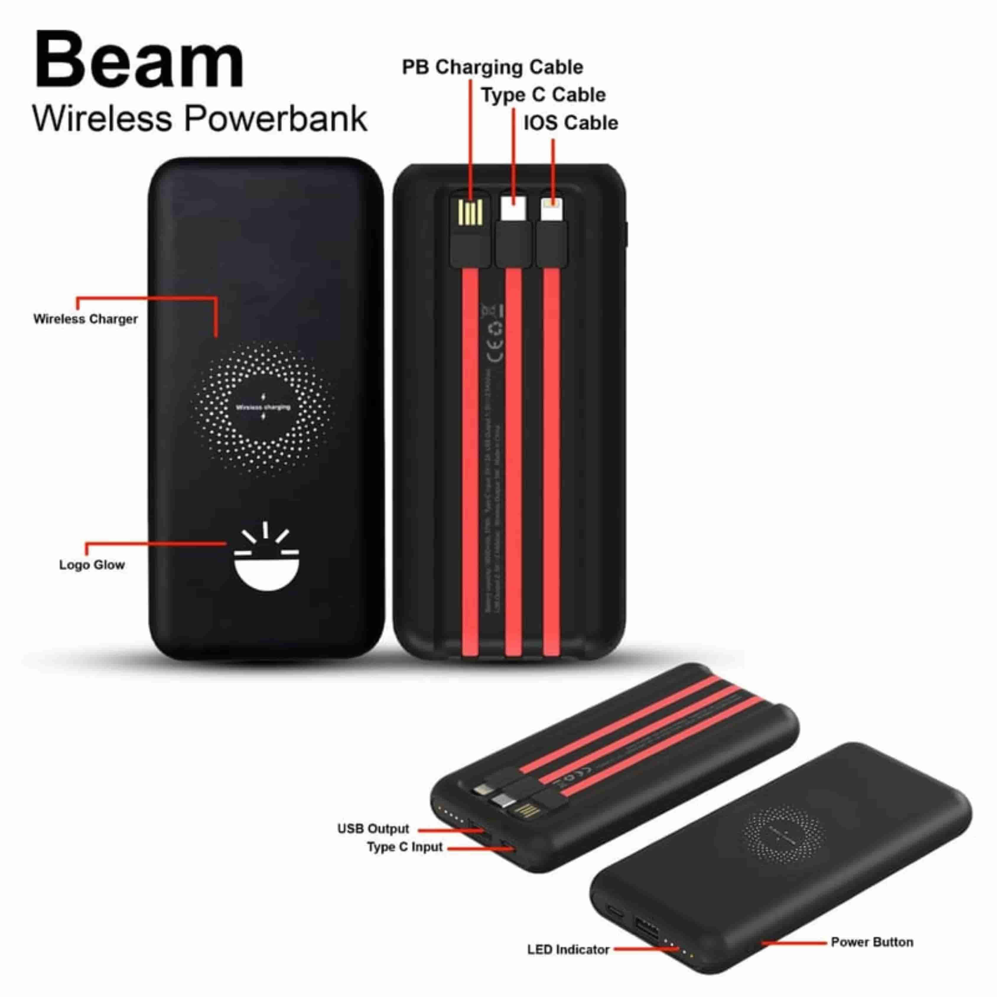 Glow Gadgets Beam10000mAh Wireless Power Bank with Inbuilt Cables � Durable ABS, 5W Wireless Charging