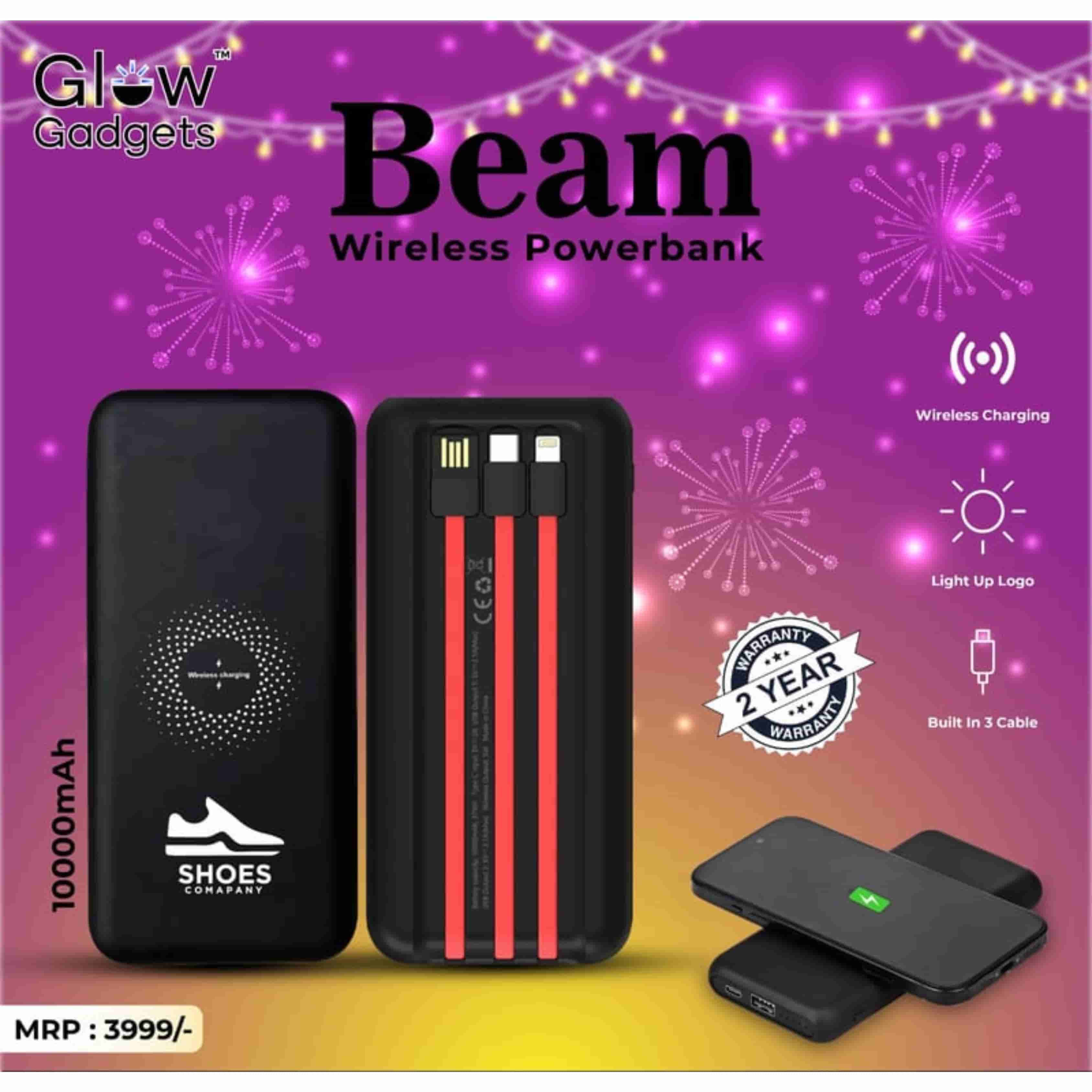Glow Gadgets Beam10000mAh Wireless Power Bank with Inbuilt Cables � Durable ABS, 5W Wireless Charging