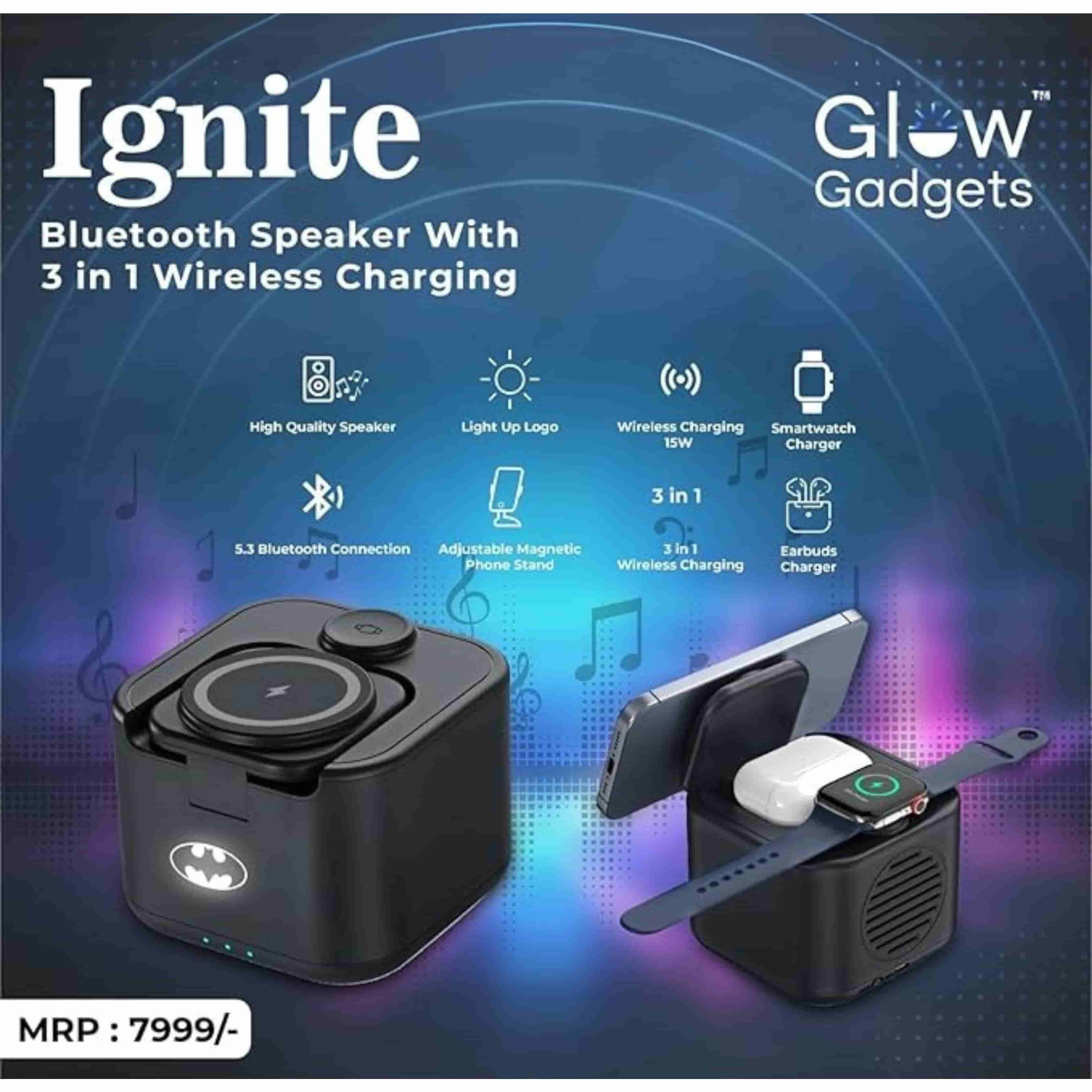 Glow Gadgets Ignite Bluetooth Speaker with 3-in-1 Wireless Charging Station | 15W Power | Modern Black � Premium Sound, Fast Charging, Stylish Design