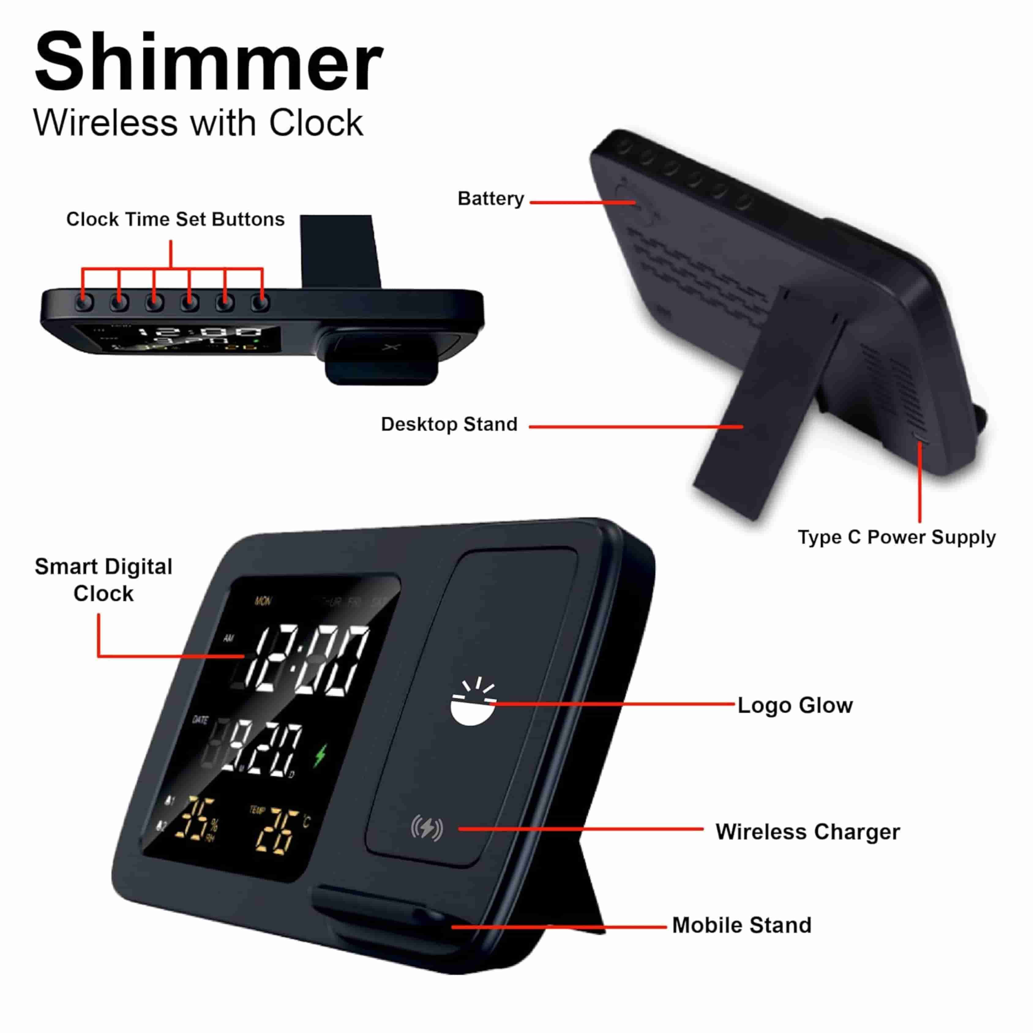 GlowGadgets Shimmer Wireless Charger with LED Clock | 15W Fast Charge | All-in-One Bedside Companion | Black � Sleek, Efficient Charging & Time Display