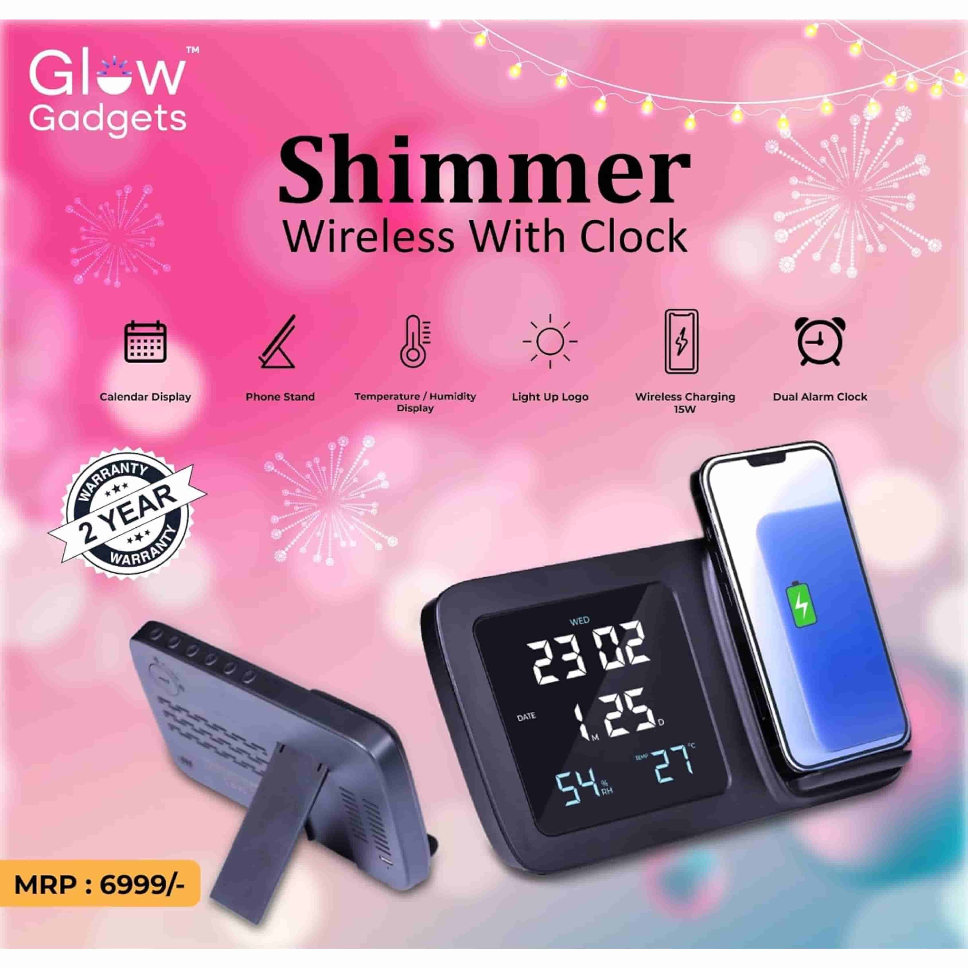 GlowGadgets Shimmer Wireless Charger with LED Clock | 15W Fast Charge | All-in-One Bedside Companion | Black � Sleek, Efficient Charging & Time Display