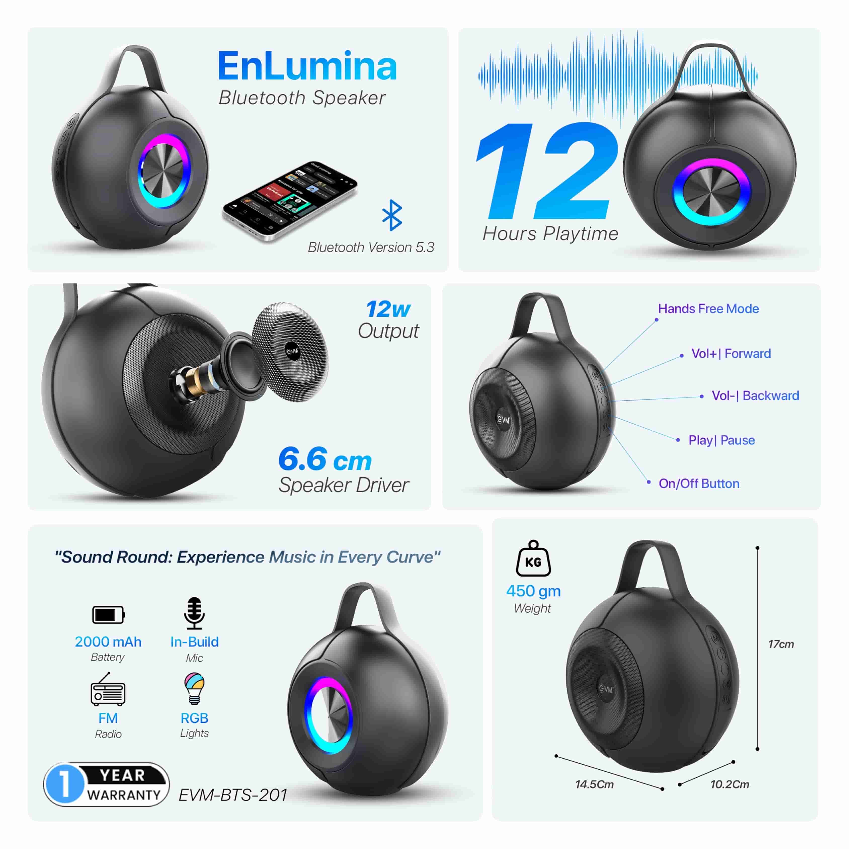 EVM EnLumina Bluetooth Speaker - Bluetooth 5.3-12 Hours Playtime, RGB Lights, Built-in Mic - Music Control Buttons