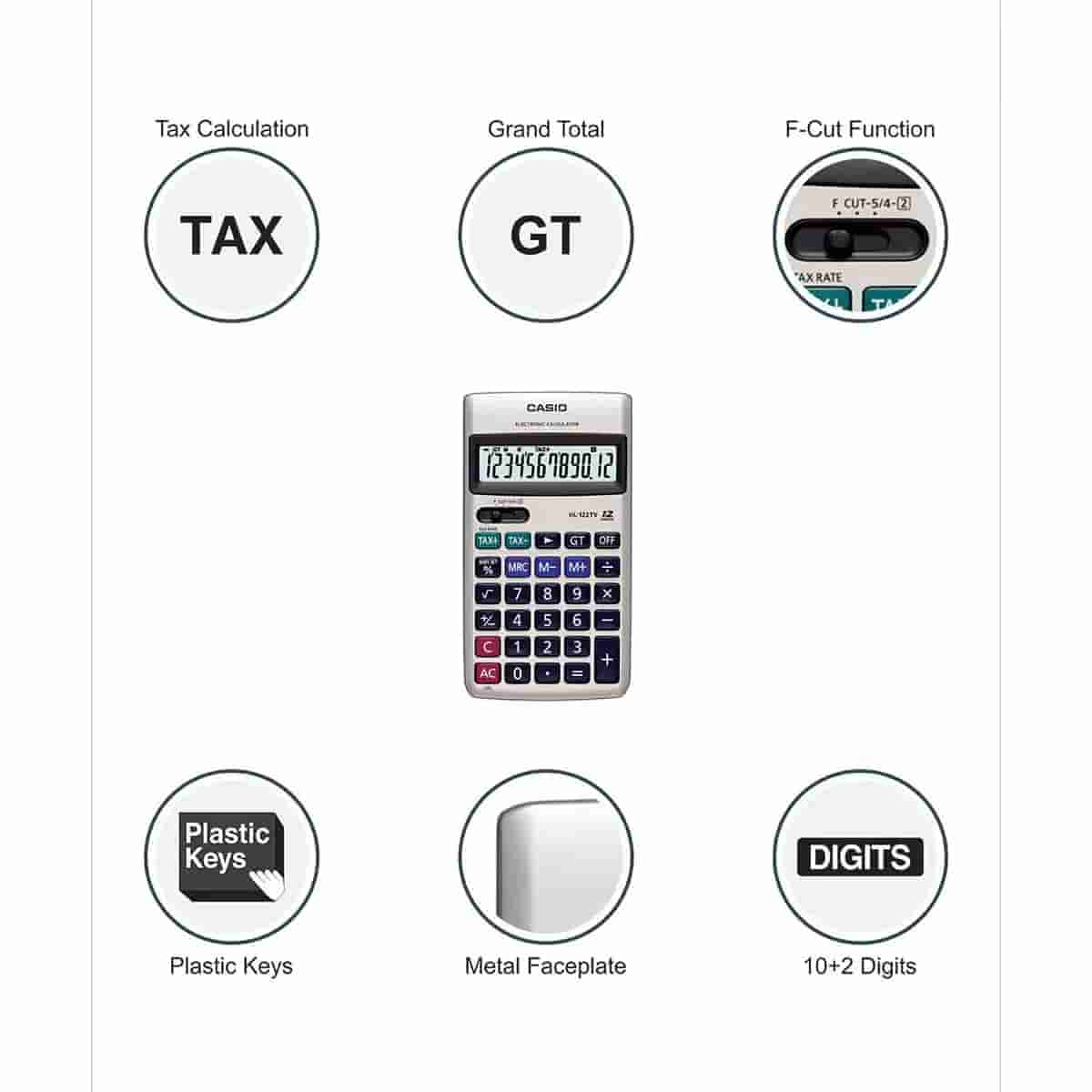 Casio 12 Digit Portable Calculator with Metal Faceplate & GT Key-HL-122TV