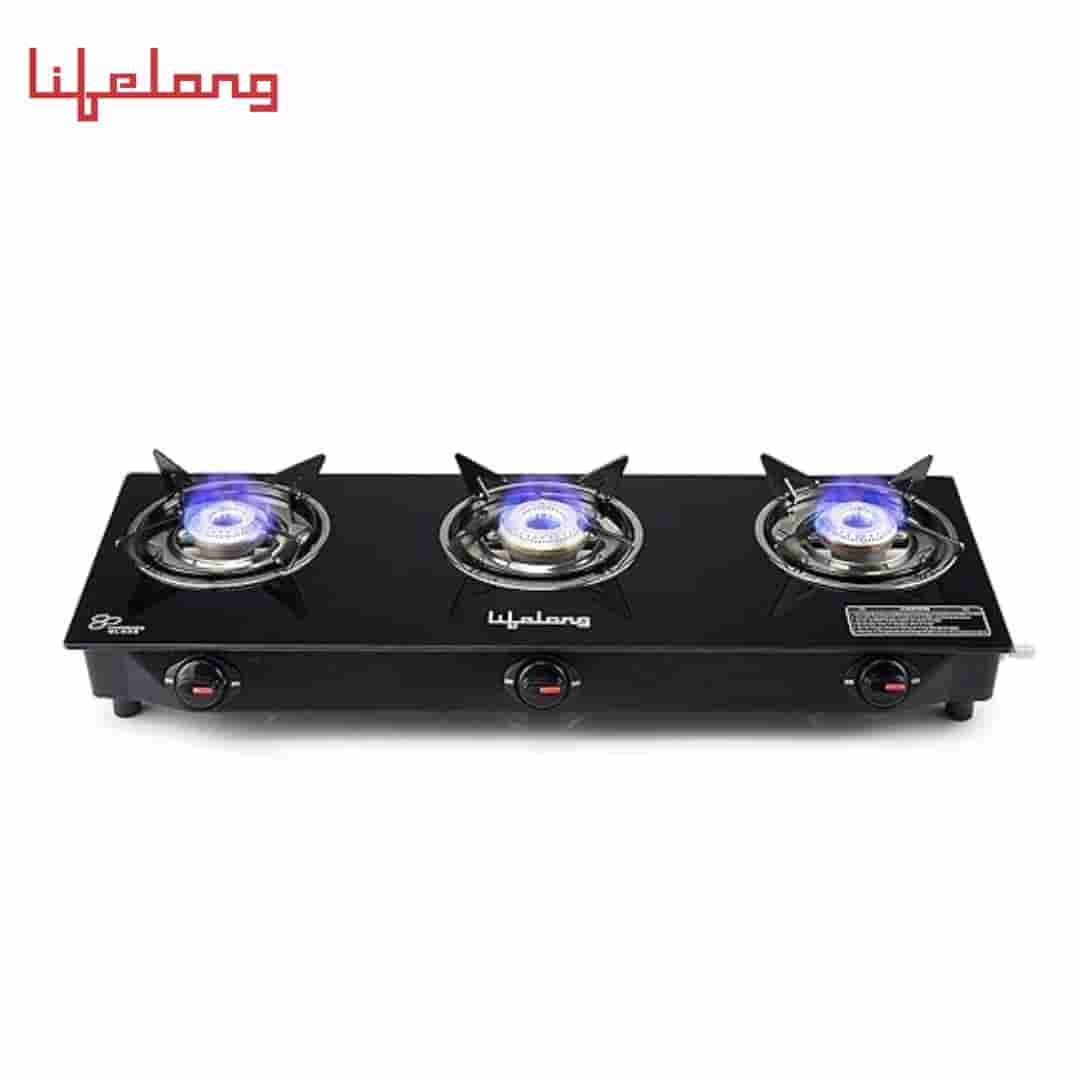 Lifelong LLGS931 3 Burner Glass Top Gas Stove (Brass Burners, Manual Ignition)