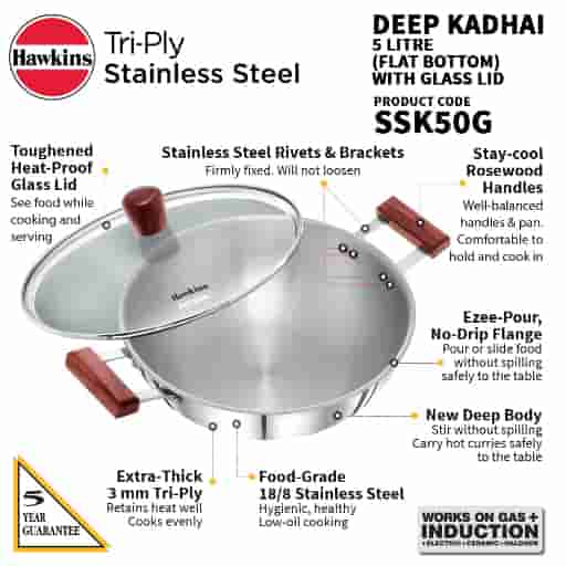 Hawkins Tri-Ply Stainless Steel 5L Induction Deep-Fry Pan With Glass Lid