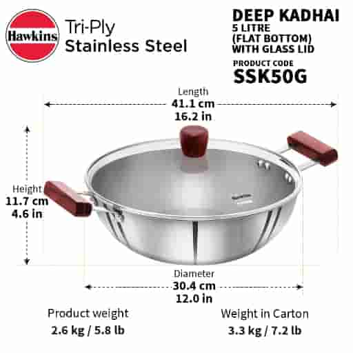 Hawkins Tri-Ply Stainless Steel 5L Induction Deep-Fry Pan With Glass Lid