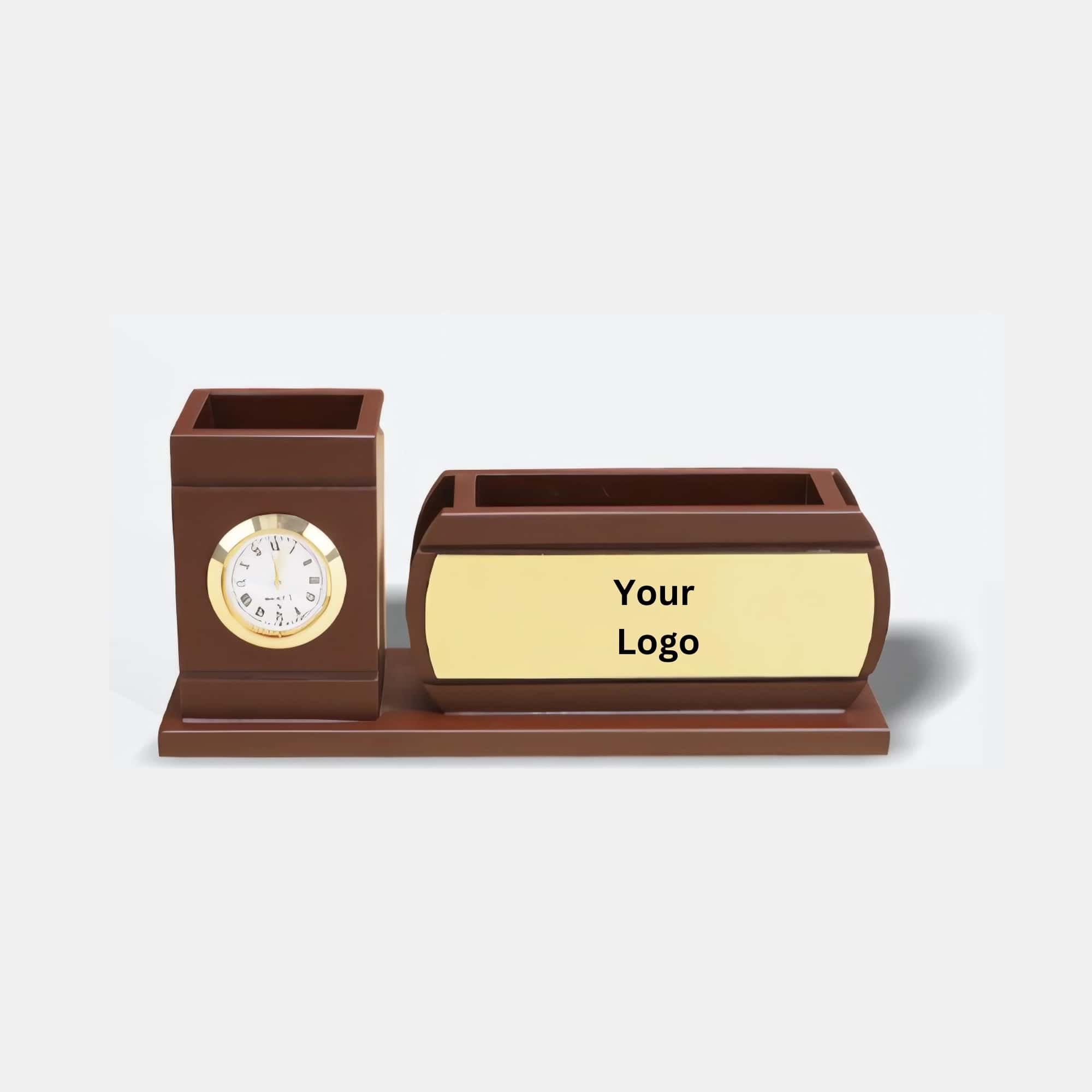 Brown Desk Organizer with Integrated Clock